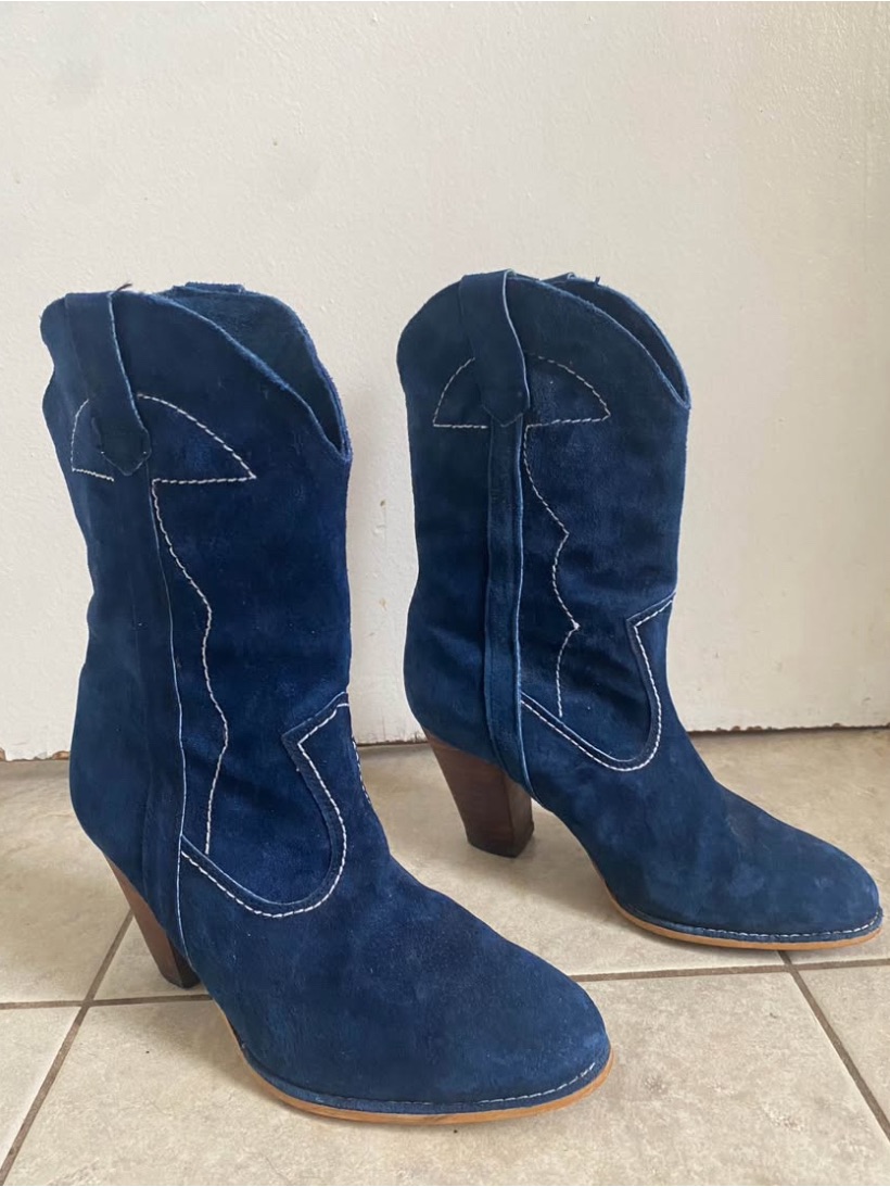 Women's Navy Suede Western Cowboy Boots - Stylish Mid Heel